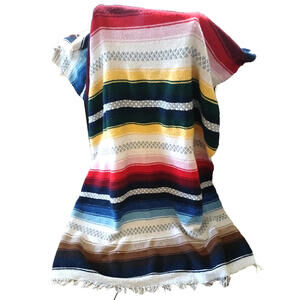 Vintage Mexican Woven Wool Saltillo Serape Blanket Multicolor Stripes & Fringe